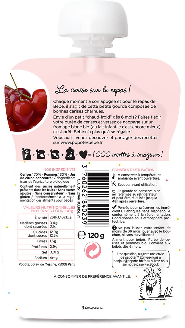 Popote -- Gourde compote cerise bio - 120 g