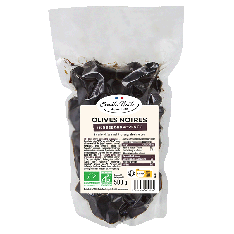 émile Noël -- DDM 14.09.2024 Olives noires herbes de provence bio - 500 g